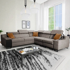 Narożnik z funkcją spania Alcamo III szary brąz prawostronny funkcjonalny narożnik z szufladą w boczku dwa pojemniki na pościel