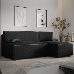 Narożnik z funkcją spania Brandon czarny prawostronny trójwymiarowa tkanina o wyrazistych prążkach pojemnik na pościel