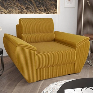 Fotel Fogu miodowy nowoczesny design wygodny fotel do salonu sztruksowa tkanina o wyrazistych prążkach szerokie podłokietniki