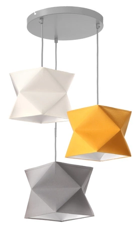 Lampa wisząca potrójna Quasar designerska lampa sufitowa do salonu z kolorowymi abażurami i szarą rozetą sufitową