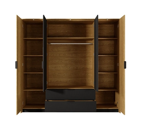 Szafa z lustrem Baltic 223 cm dąb baltic / czarny funkcjonalna szafa do sypialni lub garderoby ryflowane fronty szuflad oświetlenie LED