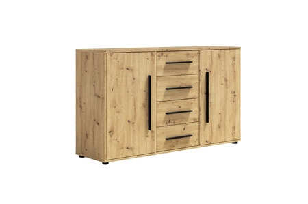 Komoda z szufladami Maxione 150 cm dąb artisan elegancki i uniwersalny styl komody do sypialni lub salonu gustowne czarne uchwyty