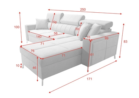 Narożnik z funkcją spania Nausa grafitowy prawostronny velvet stylowy komfortowy narożnik regulowane zagłówki pojemnik na pościel
