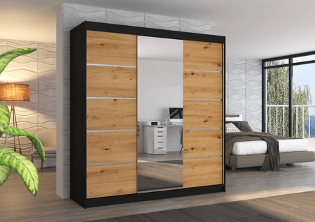 Szafa przesuwna z lustrem Bergen 200 cm czarny / dąb artisan klasyczna forma dekoracyjne listwy na frontach szafy do sypialni