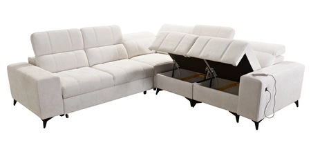 Narożnik z funkcją spania Penejos III beżowy prawostronny niezwykle wygodny i komfortowy narożnik do salonu dwa pojemniki na pościel