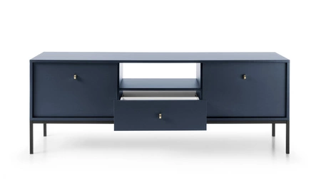 Szafka RTV Mono 154 cm granatowa minimalistyczny design prosta forma wzbogacona o metalowe elementy stylowy złoty uchwyt