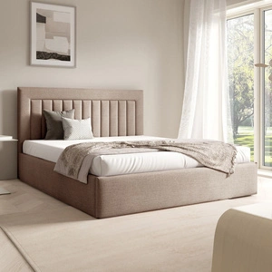 Łóżko tapicerowane Togo 140x200 beżowe eleganckie i funkcjonalne łóżko do sypialni gustowne pionowe przeszycia na wezgłowiu