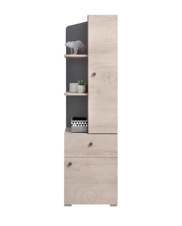 Regał niski Dzeta 45 cm dąb / antracyt idealny do pokoju młodzieżowego bardzo pojemny regał z szufladą nietuzinkowy design