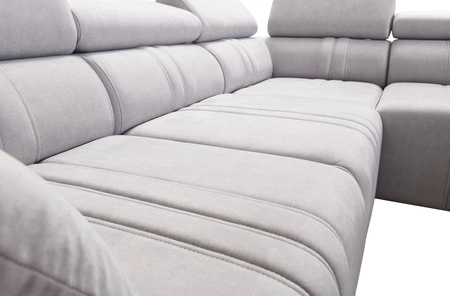 Narożnik z funkcją spania Castel IV szary popiel lewostronny stylowy narożnik z pojemnikami na pościel i regulowanymi zagłówkami