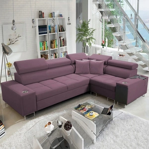 Narożnik z funkcją spania Dafni II wrzosowy prawostronny velvet narożnik z pojemnikiem na pościel szuflada z pełnym wysuwem