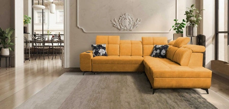 Narożnik z funkcją spania Buffalo IX żółty prawostronny stylowy narożnik do pokoju wykonany z welurowej tkaniny ozdobne poduszki