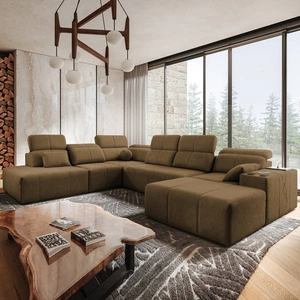 Narożnik z funkcją spania Tesalia X brązowy prawostronny nowoczesny i komfortowy narożnik z innowacyjną funkcją przesuwanego oparcia