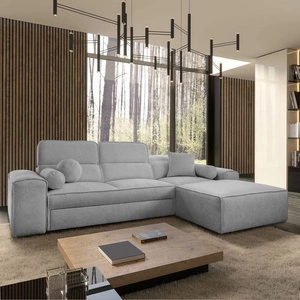 Narożnik z funkcją spania Viano jasny szary prawostronny stylowy narożnik o ciekawym kształcie regulowane zagłówki ozdobne poduszki