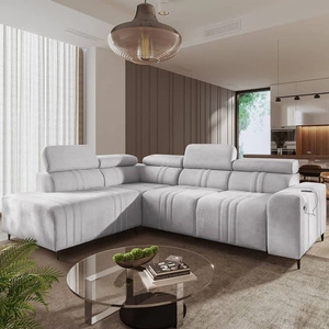 Narożnik z funkcją spania Castel VII szary popiel lewostronny stylowy narożnik z pojemnikiem na pościel i regulowanymi zagłówkami