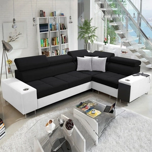 Narożnik z funkcją spania Dafni II czarno biały prawostronny pleciony narożnik z pojemnikiem na pościel szuflada z pełnym wysuwem