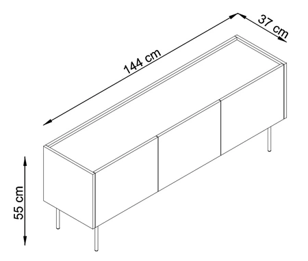 Szafka RTV Vellore 144 cm ceglasta oryginalny design bezuchwytowe fronty metalowe nogi w kolorze frontów szafki obniżony blat