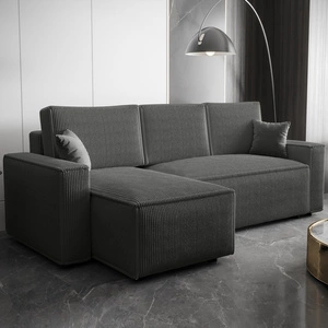 Narożnik z funkcją spania Nelo szary lewostronny praktyczny i nowoczesny narożnik pokryty sztruksową tkaniną pojemnik na pościel