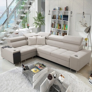 Narożnik z funkcją spania Dafni II jasny beż lewostronny velvet narożnik z pojemnikiem na pościel szuflada z pełnym wysuwem