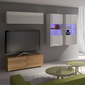 Meblościanka Apulia XII biały połysk / dąb złoty wyjątkowo stylowa meblościanka proste bryły wpisujące się w każde wnętrze