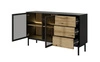 Komoda z szufladami Clovis 150 cm czarny / dąb evoke wyjątkowy design mebla przeszklone fronty ozdobne lamele we wnętrzu komody
