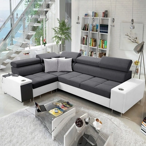 Narożnik z funkcją spania Dafni II grafitowo biały lewostronny pleciony narożnik z pojemnikiem na pościel szuflada w boczku mebla