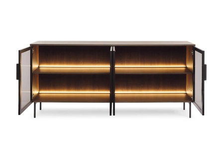 Komoda Lumi 181 cm dąb dunin nowoczesna komoda o prostym kształcie oryginalne fronty z hartowanego szkła antisol metalowe uchwyty