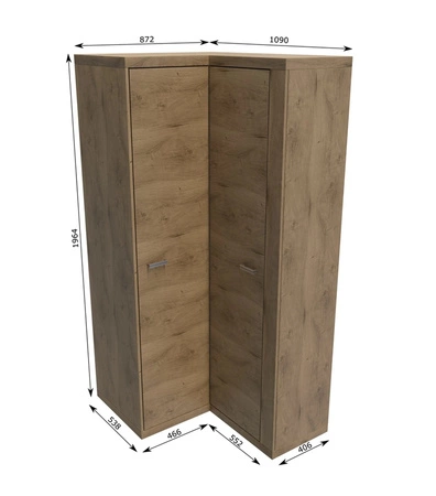 Szafa narożna Natural dąb ribbeck funkcjonalna szafa wyposażona w drążek na ubrania wiszące i półki metalowe srebrne uchwyty