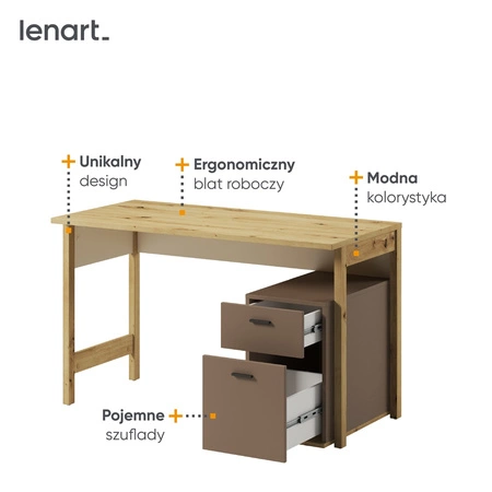 Biurko Lenny 125 cm beżowy / truflowy / dąb artisan idealne biurko młodzieżowe z szufladami zapewnia komfort podczas nauki lub pracy