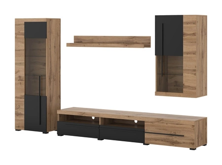 Meblościanka Roger dąb wotan / czarny elegancka stylistyka mebli wzbogacona o stylowe czarne dodatki idealna meblościanka do salonu