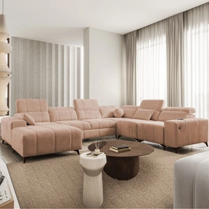 Narożnik z funkcją spania Penejos VIII łososiowy lewostronny stylowy narożnik rozkładany wykonany z wytrzymałej tkaniny