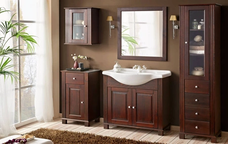 Szafka pod umywalkę Retro 85 cm brązowa elegancka szafka wykonana z drewna metalowe srebrne uchwyty idealna do łazienek w stylu retro