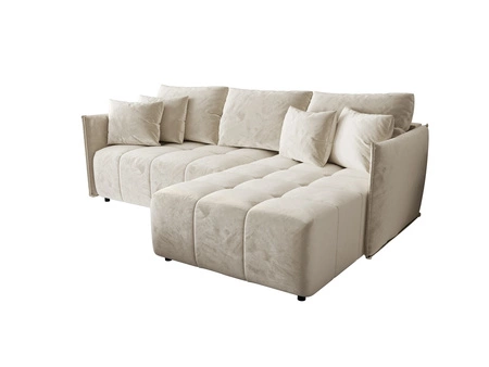 Narożnik z funkcją spania Oroso beżowy prawostronny miękka tkanina typu velvet z powłoką hydrofobową pojemnik na pościel