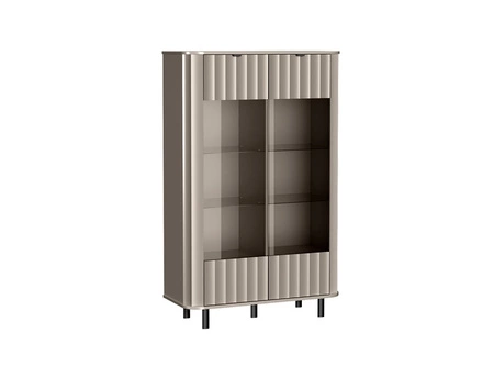 Witryna niska Novado 98 cm clay grey nowoczesna witryna o lekkim stylu zaokrąglone krawędzie metalowe uchwyty wysokie nogi