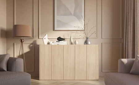 Komoda Easy 156 cm dąb scandi / biały połysk stylowa komoda doda elegancji i nowoczesności subtelne oświetlenie ledowe w zestawie