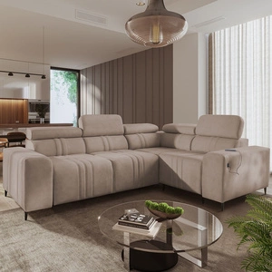 Narożnik z funkcją spania Castel II jasny brąz prawostronny komfortowy narożnik z regulowanymi zagłówkami pojemnik na pościel