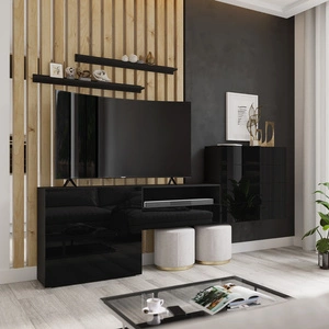 Meblościanka Agria czarna / czarny połysk niezwykły design praktyczne rozwiązanie idealne do każdego salonu optycznie powiększa wnętrze