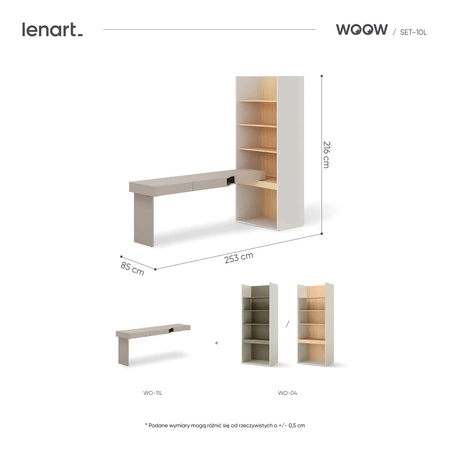 Biurko z regałem Woow 253 cm clay grey / szampański / dąb vincenza bielona lewe ergonomiczne biurko z szufladami oświetlenie LED