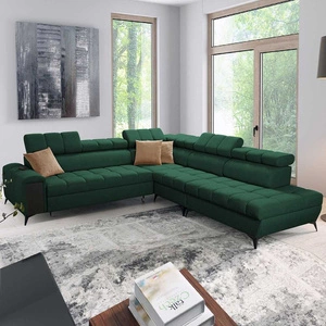 Narożnik z funkcją spania Bolmso IX zielony prawostronny komfortowy narożnik do salonu z szufladą pojemniki na pościel stylowy design