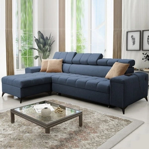 Narożnik z funkcją spania Bolmso niebieski lewostronny narożnik z dwoma pojemnikami na pościel praktyczna szuflada w boczku mebla