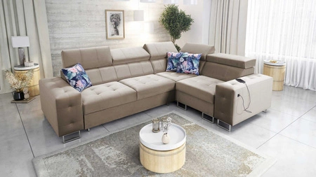Narożnik z funkcją spania Hampton II beżowy prawostronny stylowy narożnik rozkładany miękka tkanina obiciowa typu velvet