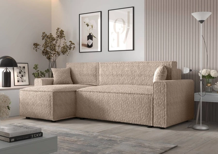 Narożnik z funkcją spania Brandon Bis beżowy lewostronny miękka tkanina o charakterystycznej pętelkowej powierzchni pojemnik na pościel