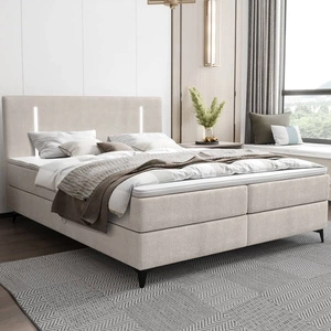 Łóżko kontynentalne Norco 140x200 ecru stylowe łóżko z pojemnikiem na pościel oświetlenie umieszczone w zagłówku nadaje wyjątkowości