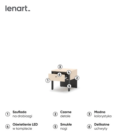 Szafka nocna Enna beżowy / czarny modna szafka z szufladą do sypialni o nietypowej konstrukcji dyskretne oświetlenie LED