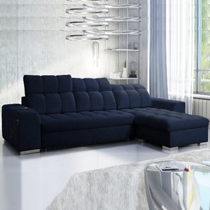 Narożnik z funkcją spania Luigi granatowy prawostronny narożnik z dwoma pojemnikami na pościel tkanina o ciekawej strukturze