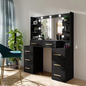 Toaletka Adel 110 cm czarna z oświetleniem LED toaletka z lustrem w stylu glamour pojemne szuflady metalowe uchwyty