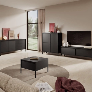 Zestaw mebli Sesti czarny nowoczesny i oryginalny design meblościanki ciekawe zestawienie ryflowania z gładkimi frontami push to open