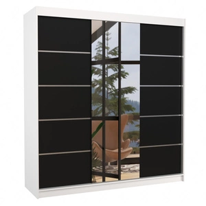 Szafa przesuwna z lustrem Bergen 200 cm biały / czarny klasyczna forma dekoracyjne listwy na frontach szafy do sypialni lub przedpokoju