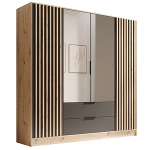 Szafa z lustrem Neri 200 cm dąb artisan / czarny stylowe lamele zdobiące drzwi szafy pojemne szuflady uchwyty krawędziowe