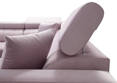 Narożnik z funkcją spania Nausa II pudrowy róż lewostronny velvet dekoracyjne przeszycia na siedzisku narożnik z pojemnikiem na pościel