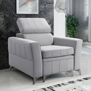 Fotel Rava szary popiel praktyczny i komfortowy fotel do salonu z regulowanym zagłówkiem oraz pojemnikiem miękka tkanina typu velvet